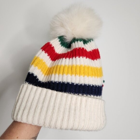 HBC Hudson Bay Company Silverlake Multicolour Stripe Fur Pom Pom Winter Toque - Picture 2 of 8